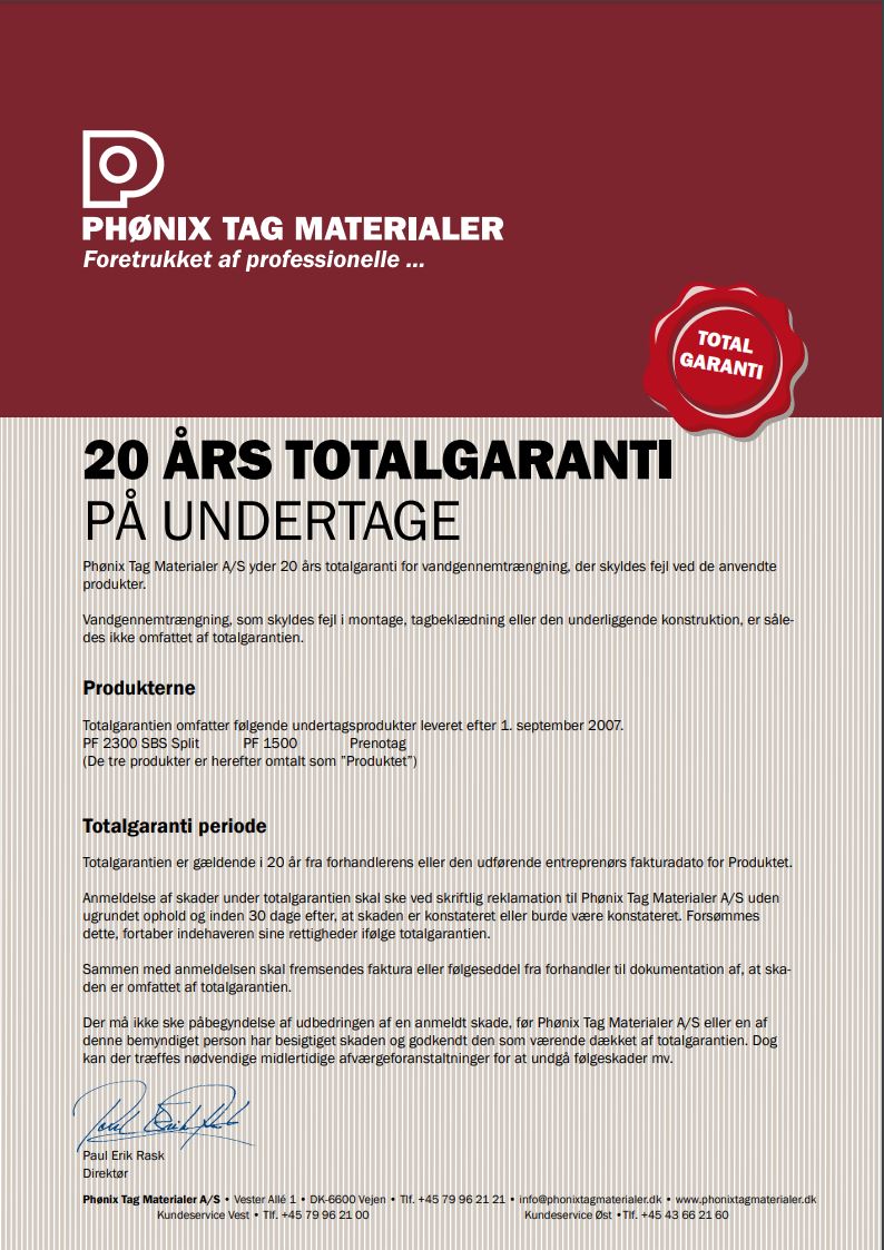 20 Aars Totalgaranti På Undertage Garantibevis